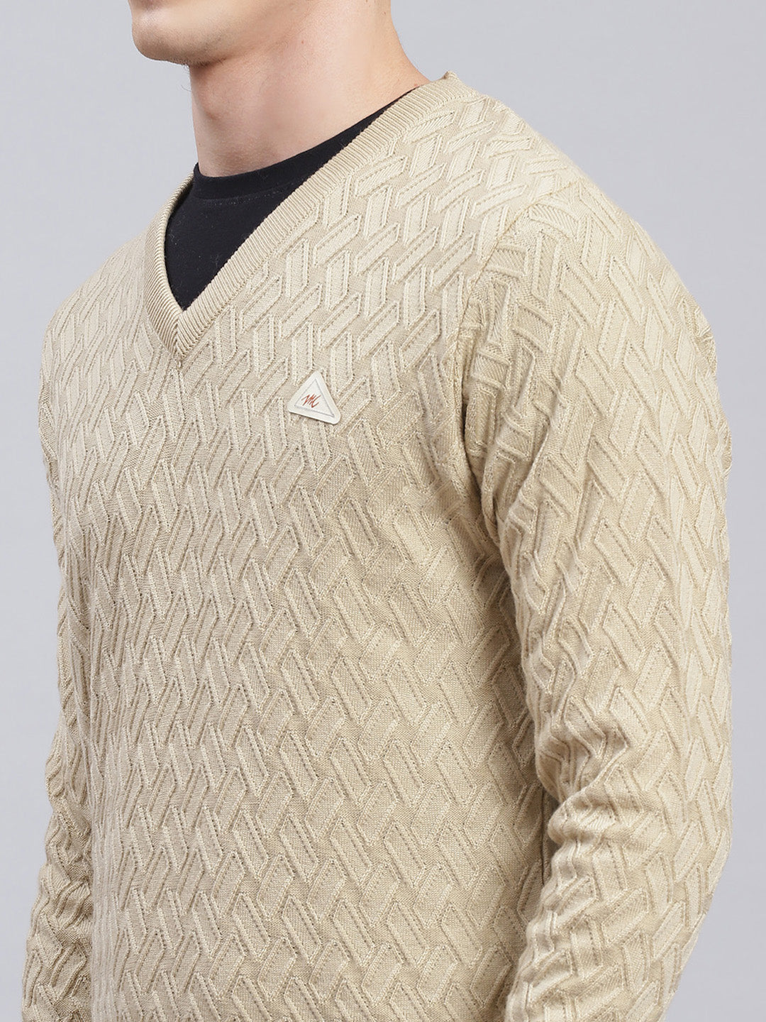 Men Camel Brown Self Design Wool blend Pullover