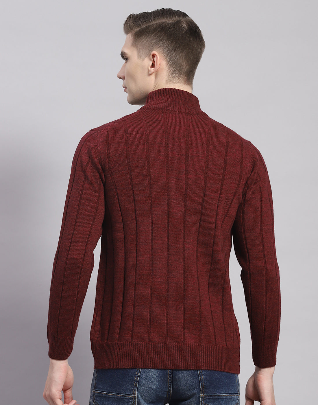 Men Maroon Solid T Neck Full Sleeve Pullover