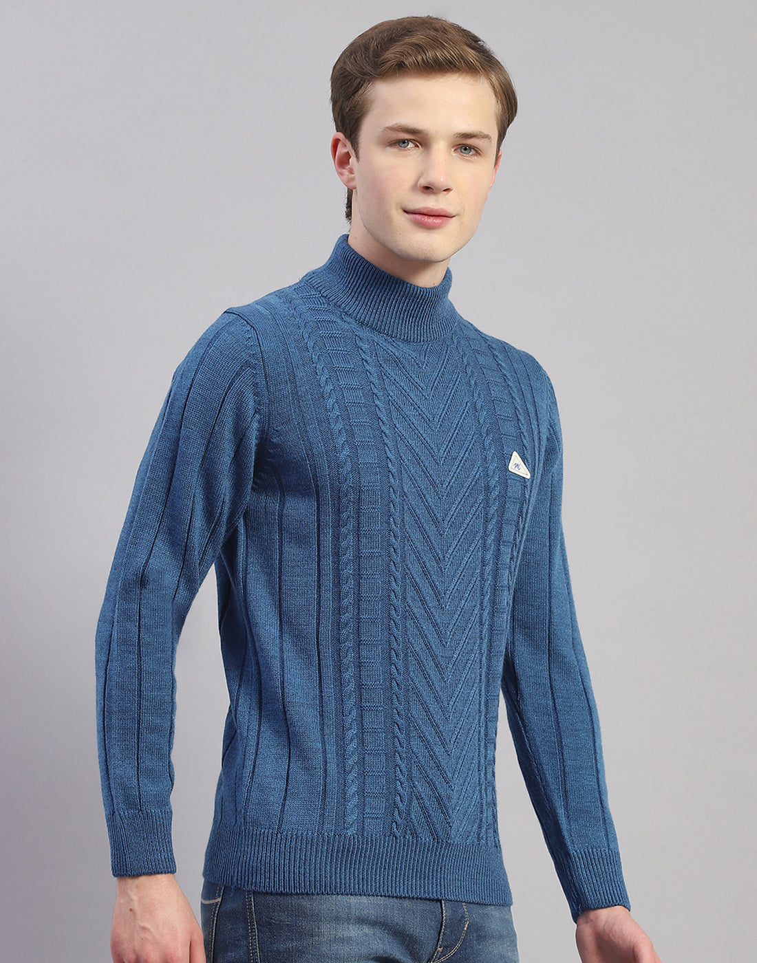 Men Blue Solid T Neck Full Sleeve Pullover