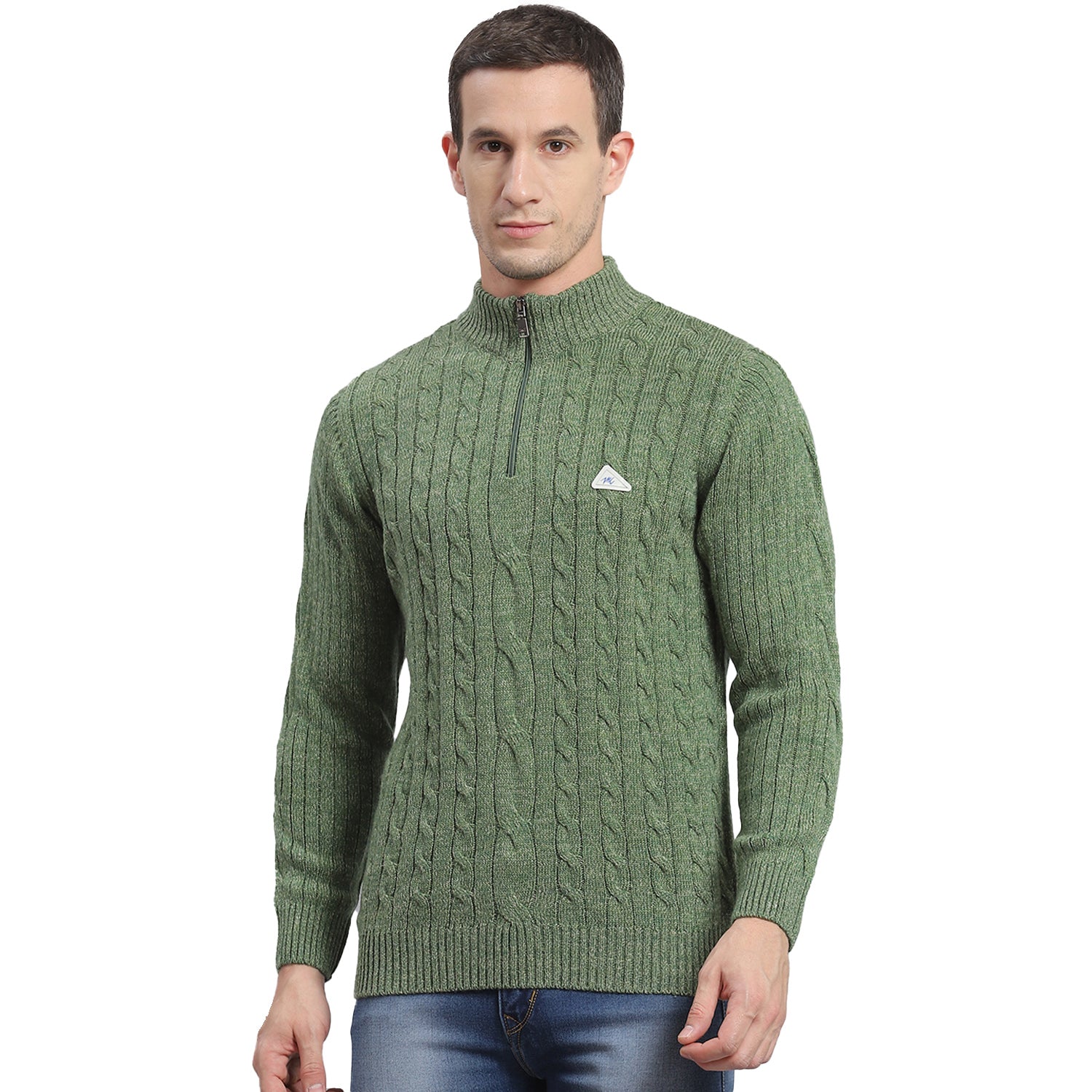 Men Green Self Design H Neck Full Sleeve Sweater