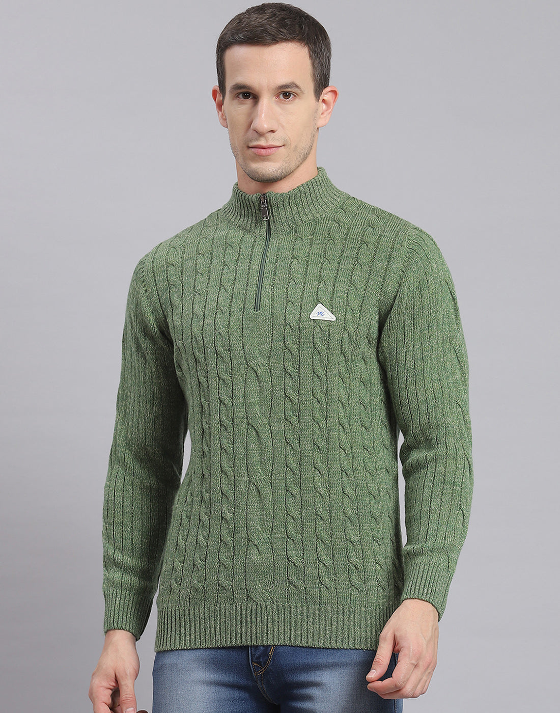Men Green Self Design H Neck Full Sleeve Sweater