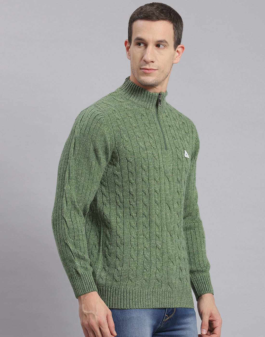 Men Green Self Design H Neck Full Sleeve Sweater