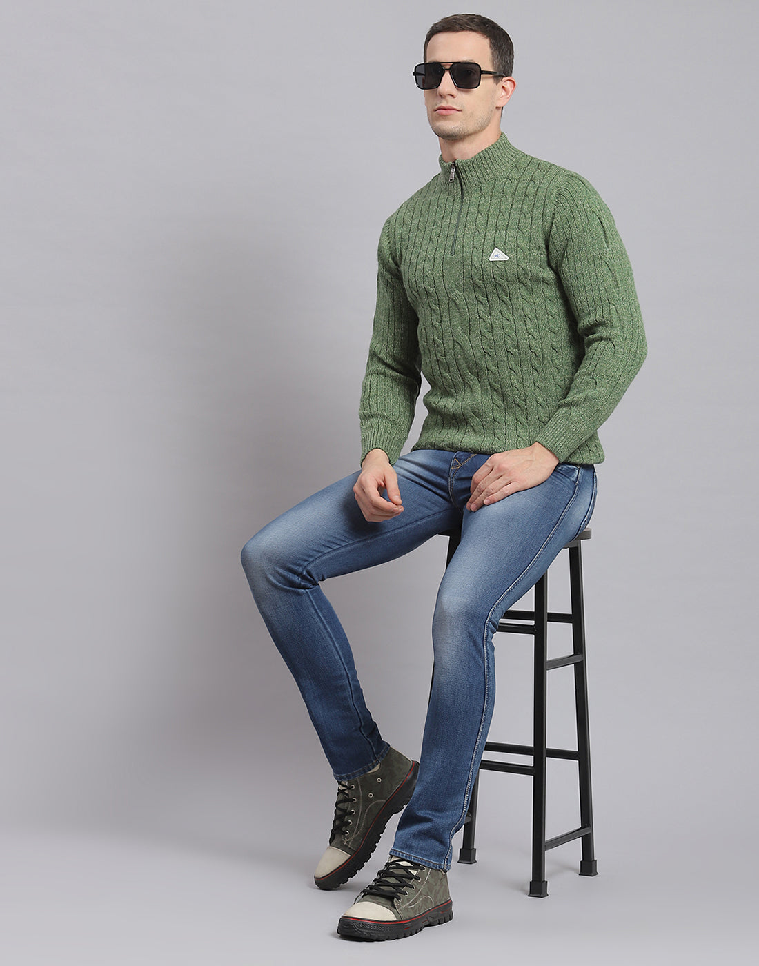 Men Green Self Design H Neck Full Sleeve Sweater