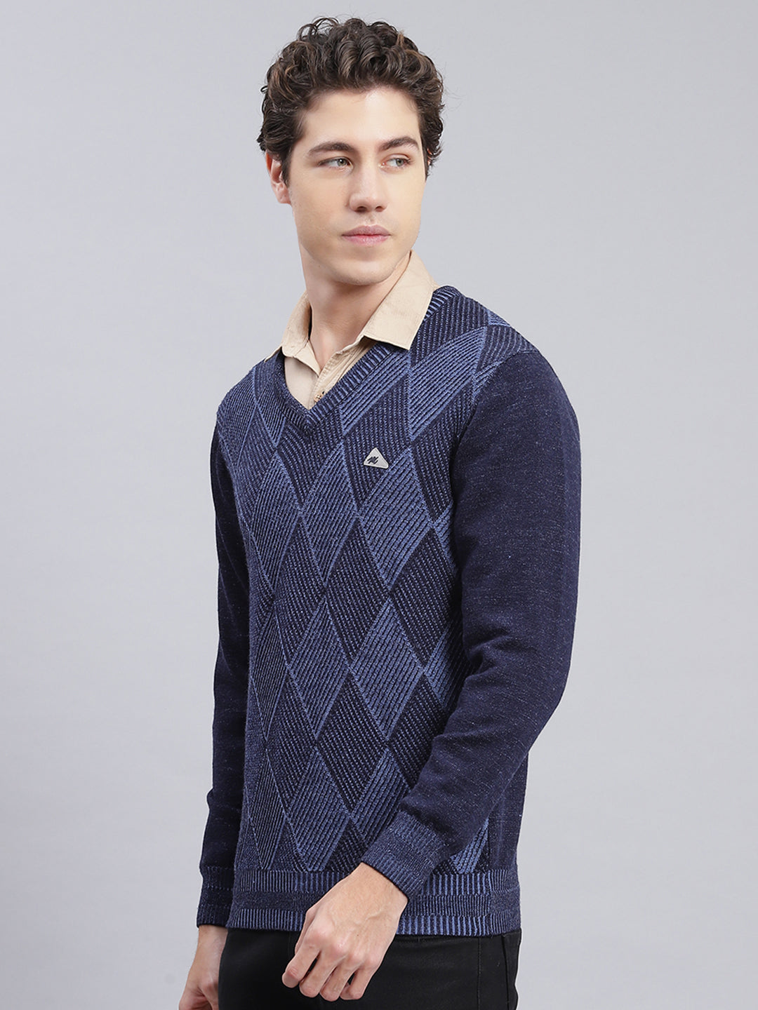 Men Navy Blue Printed Pure wool Pullover