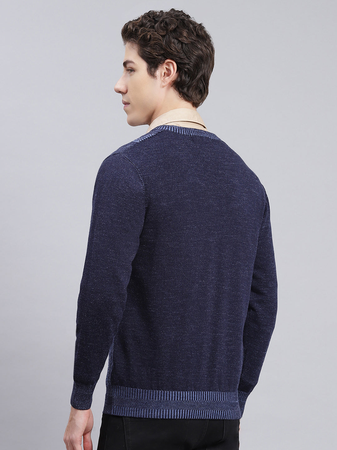 Men Navy Blue Printed Pure wool Pullover