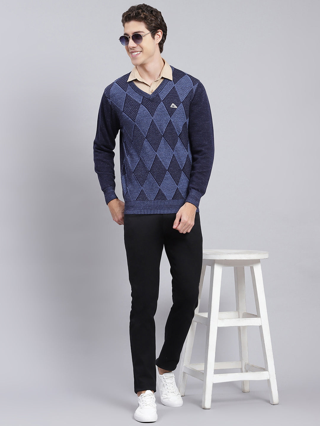 Men Navy Blue Printed Pure wool Pullover