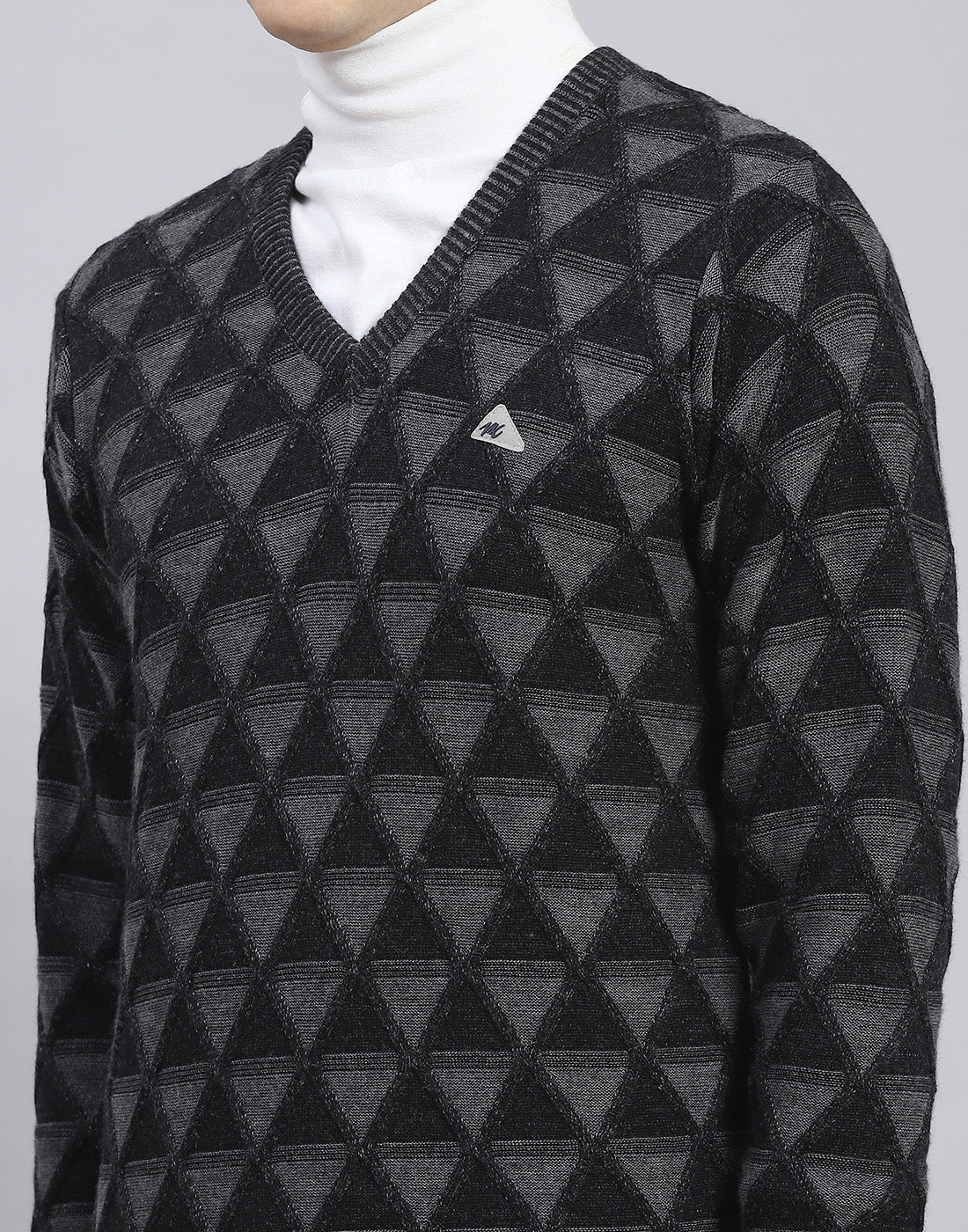 Men Black Self Design V Neck Full Sleeve Pullover