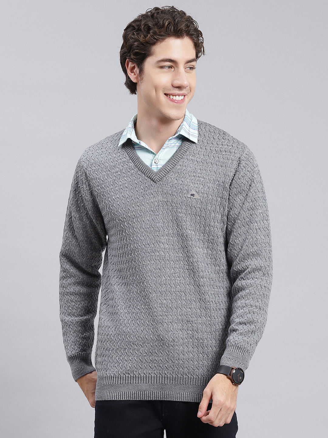 Men Grey Self Design Pure wool Pullover - Main Image