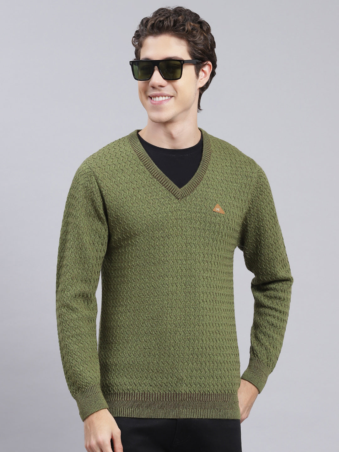 Men Green Self Design Pure wool Pullover