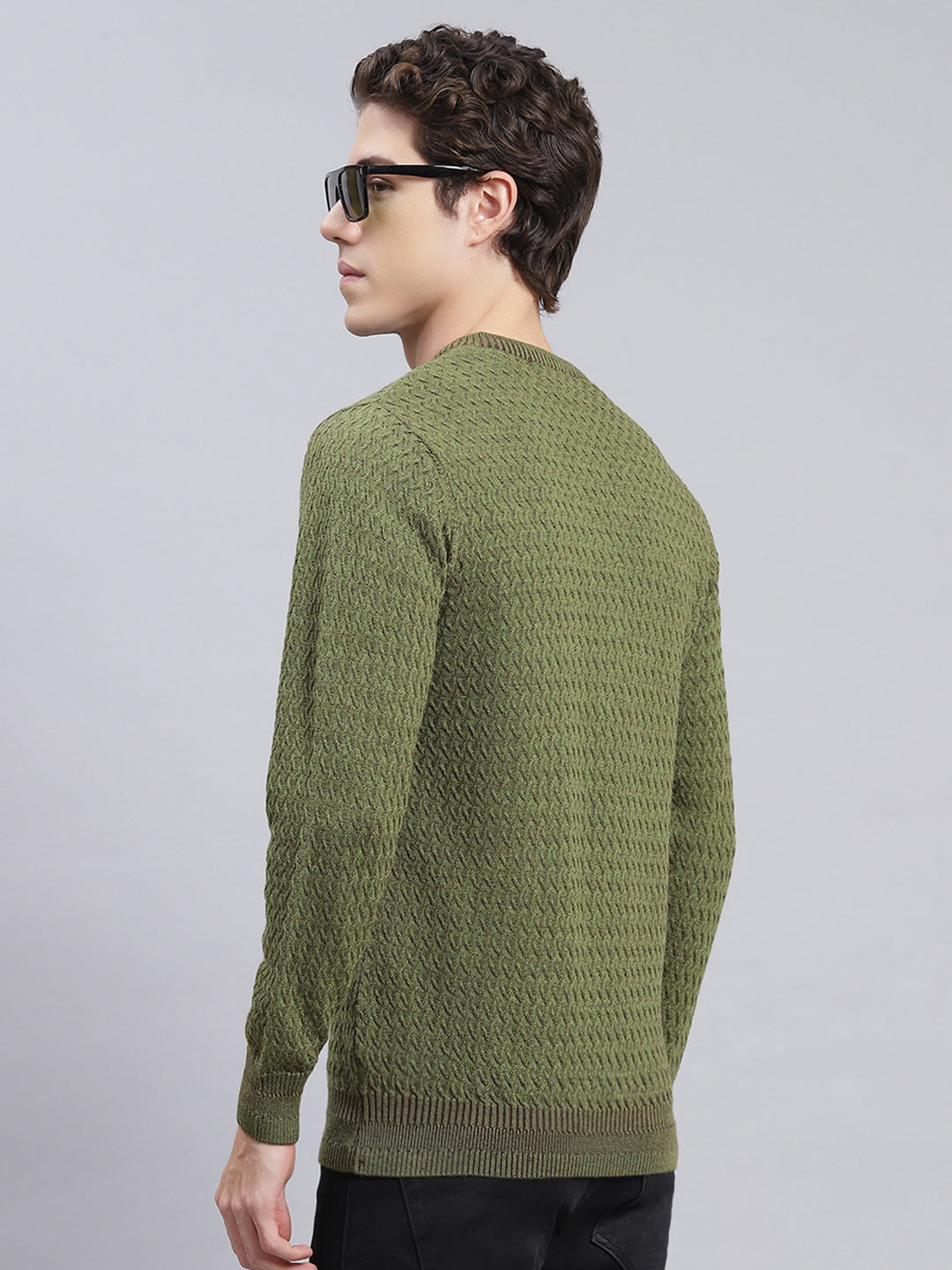 Men Green Self Design Pure wool Pullover
