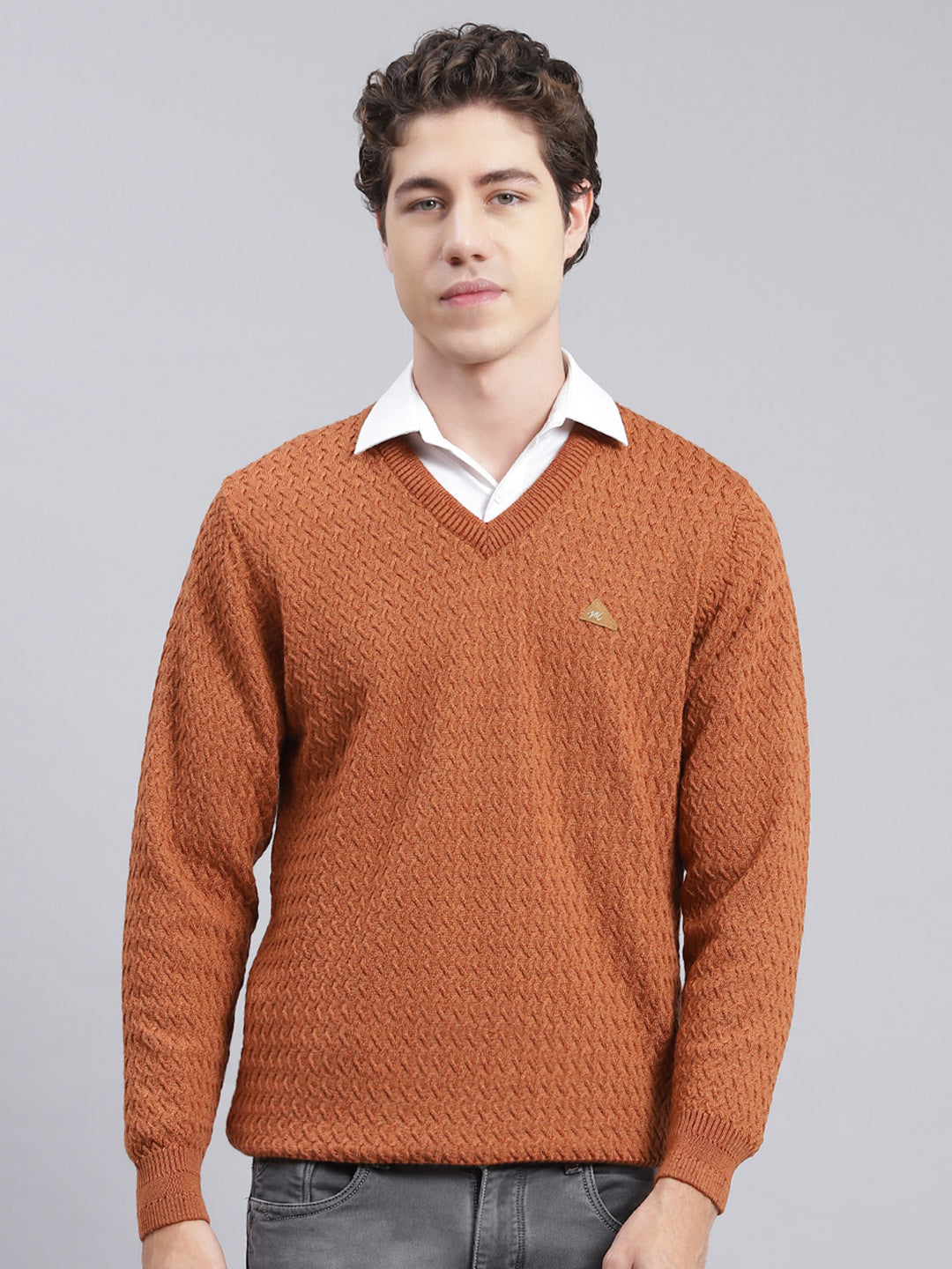 Men Brown Self Design Pure wool Pullover1