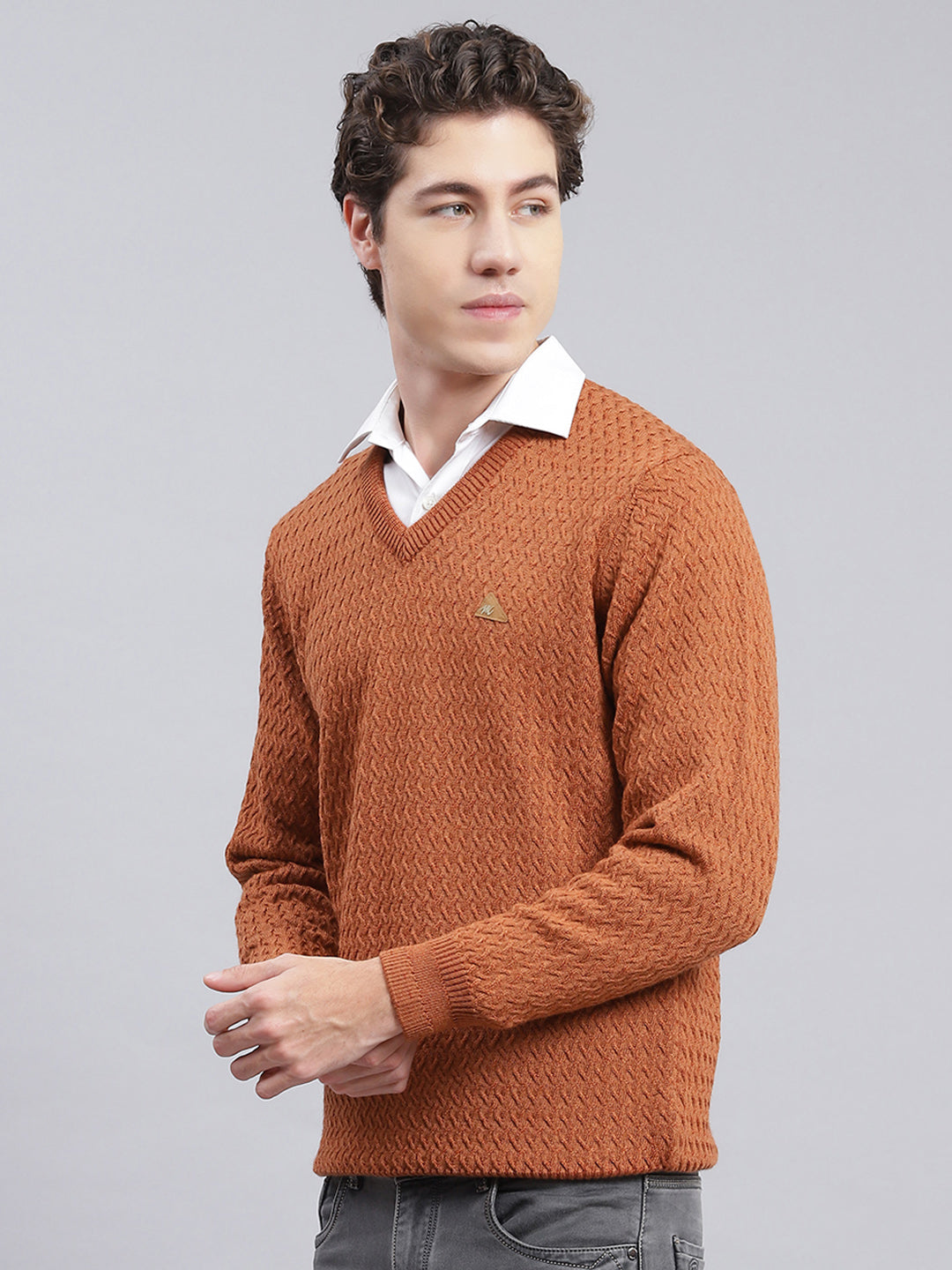 Men Brown Self Design Pure wool Pullover