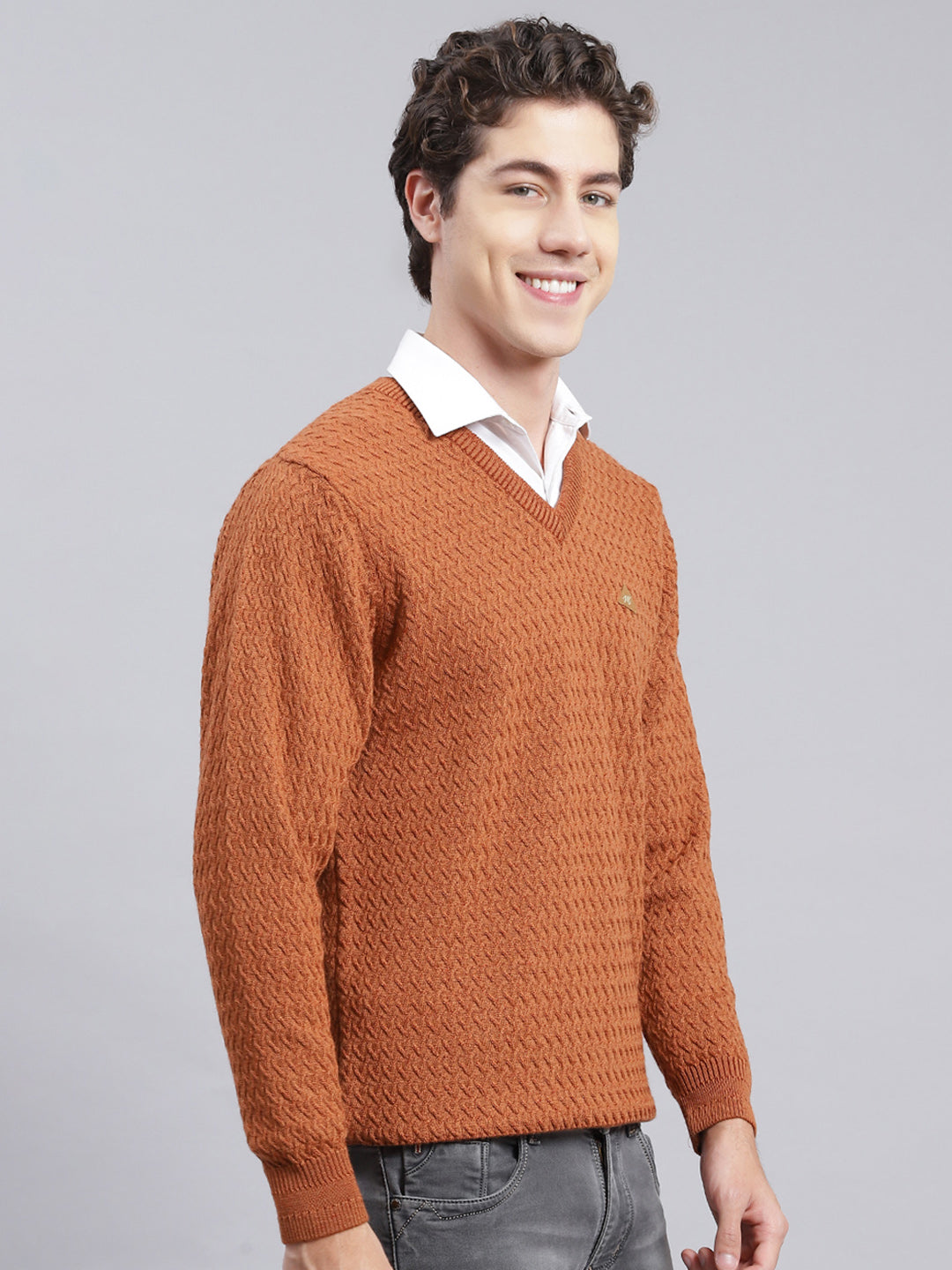Men Brown Self Design Pure wool Pullover