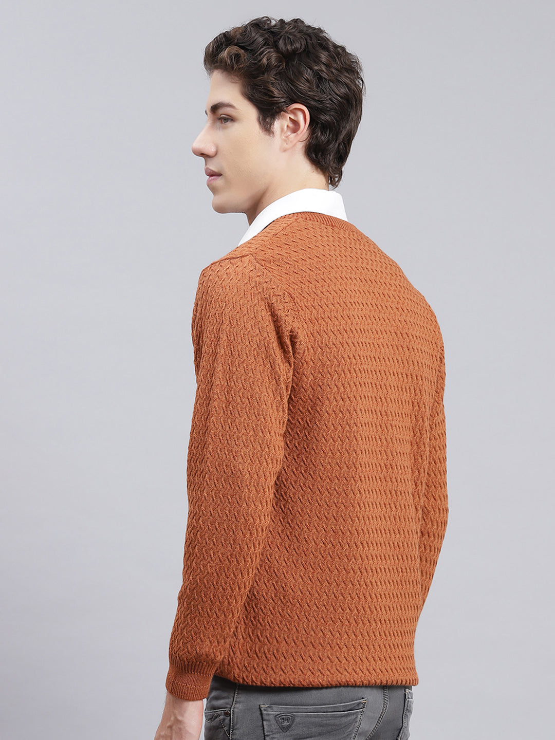 Men Brown Self Design Pure wool Pullover