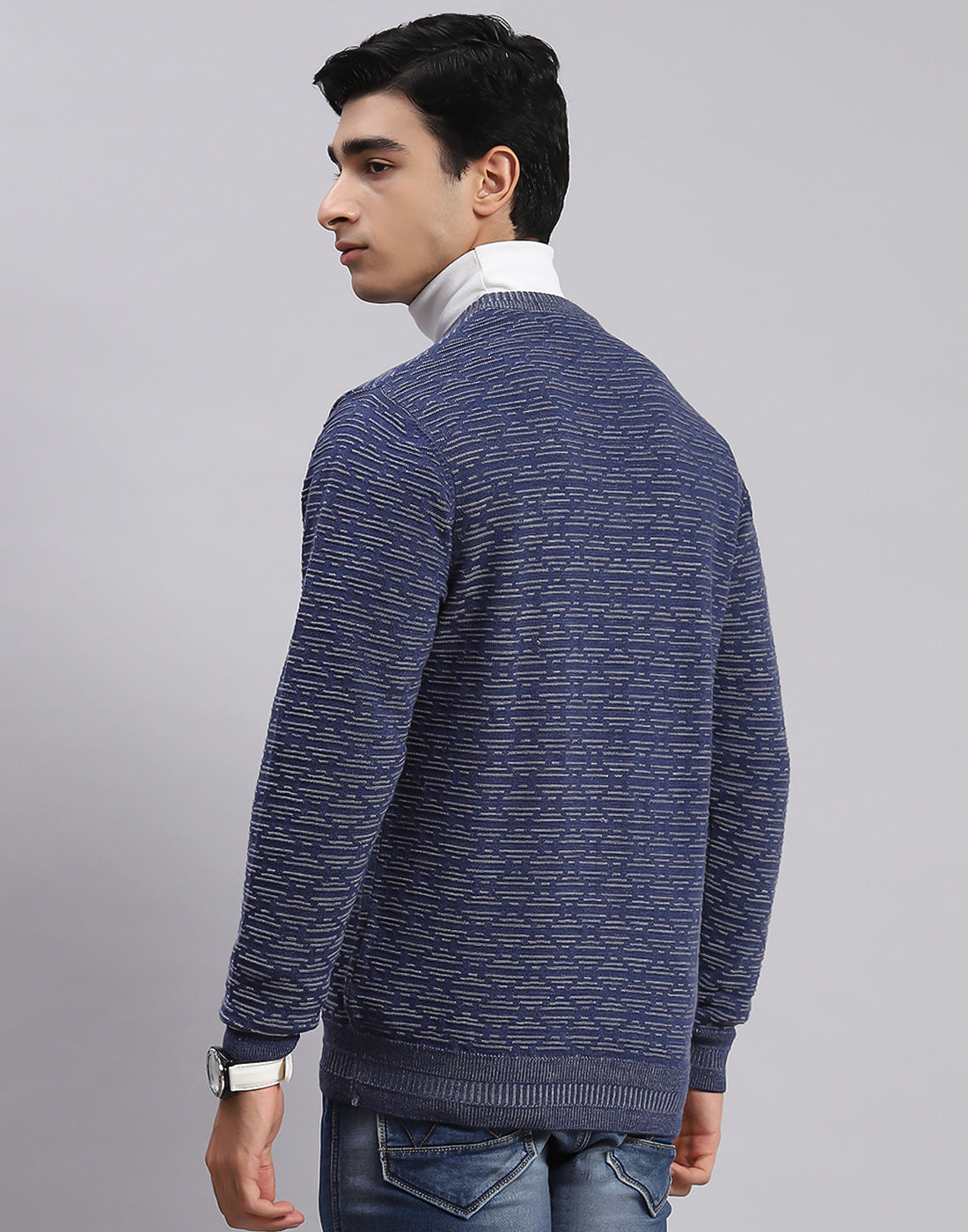 Men Blue Self Design V Neck Full Sleeve Sweaters/Pullovers