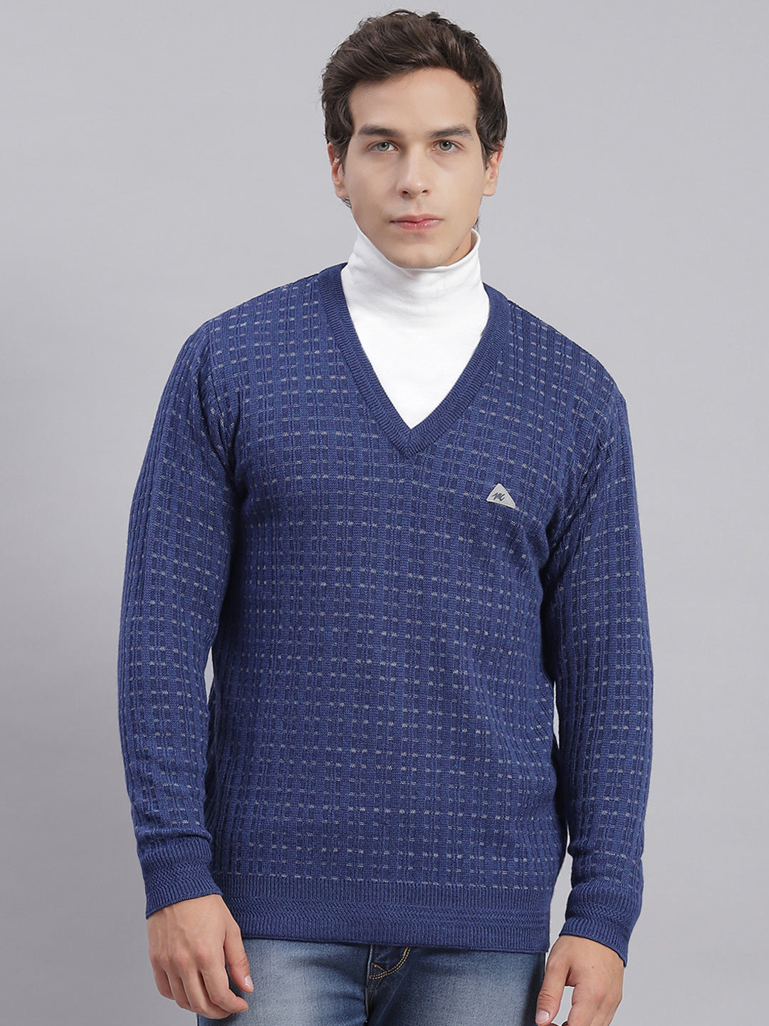 Men Blue Self Design V Neck Full Sleeve Sweaters/Pullovers