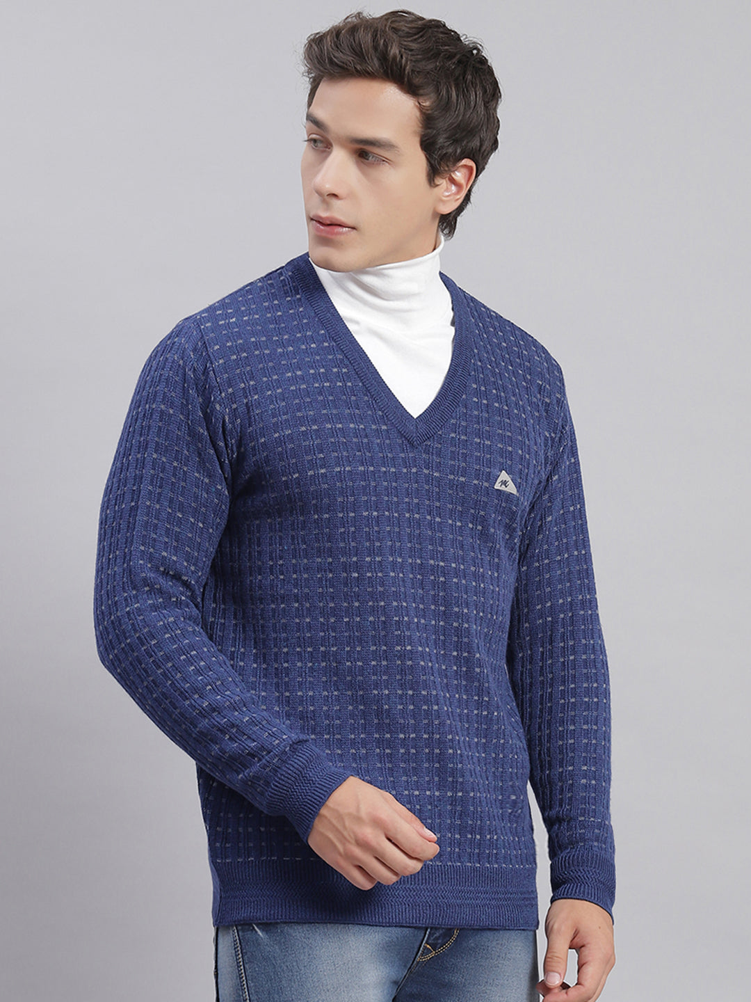 Men Blue Self Design V Neck Full Sleeve Sweaters/Pullovers