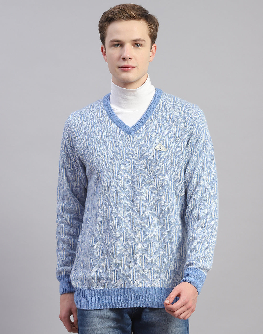 Men Blue Solid V Neck Full Sleeve Pullover