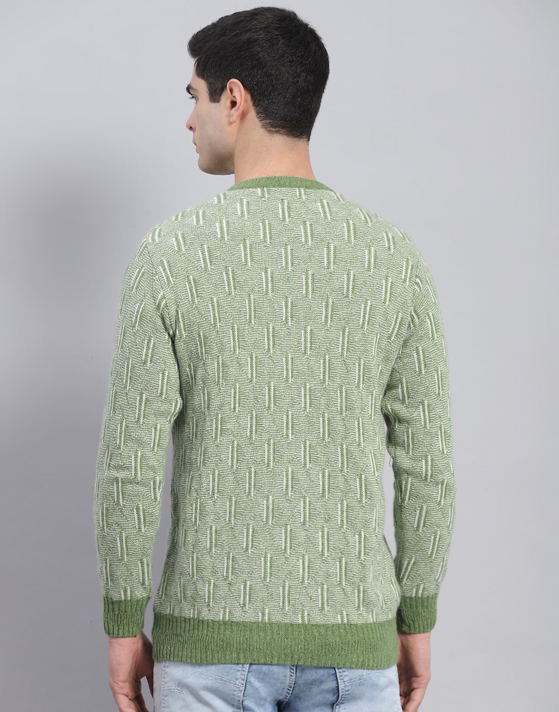 Men Green Self Design V Neck Full Sleeve Pullover