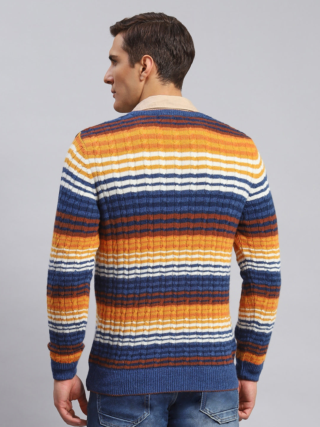 Men Navy Blue Stripe Lamb wool Pullover
