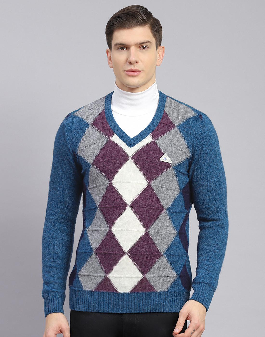 Men Teal Blue Self Design V Neck Full Sleeve Sweater