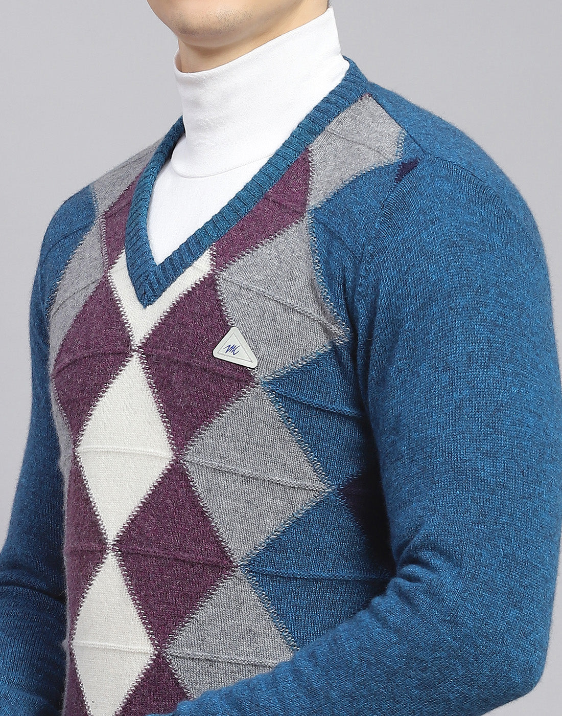 Men Teal Blue Self Design V Neck Full Sleeve Sweater