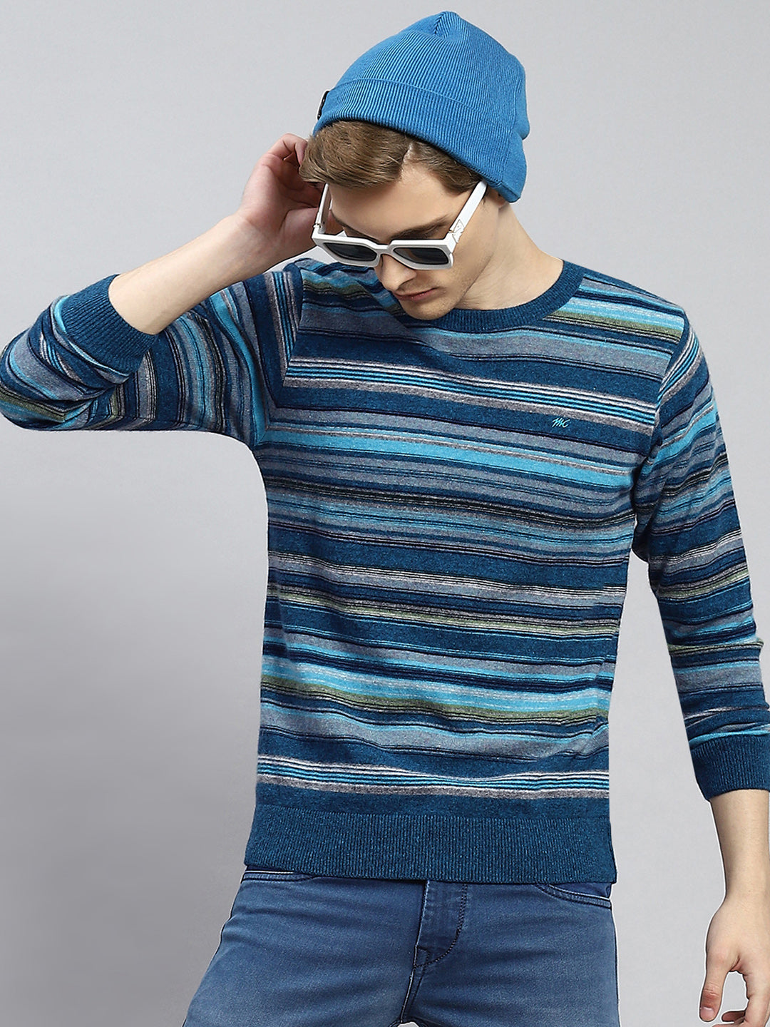 Men Blue Stripe Pullover