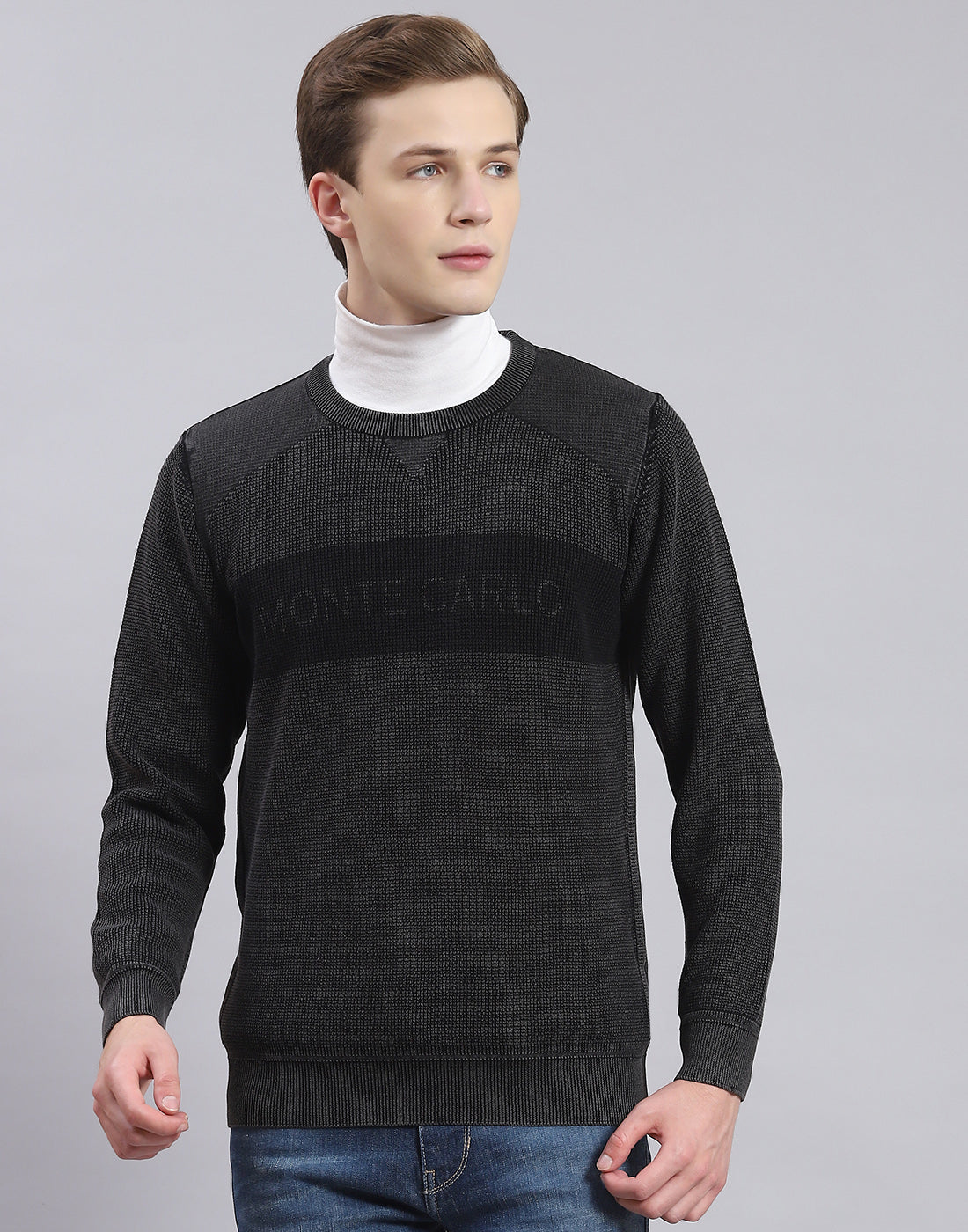 Men Grey Self Design Round Neck Full Sleeve Sweater