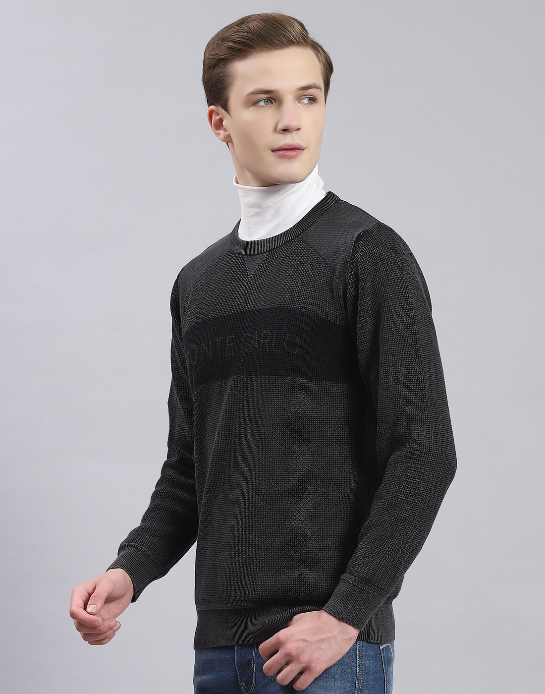 Men Grey Self Design Round Neck Full Sleeve Sweater