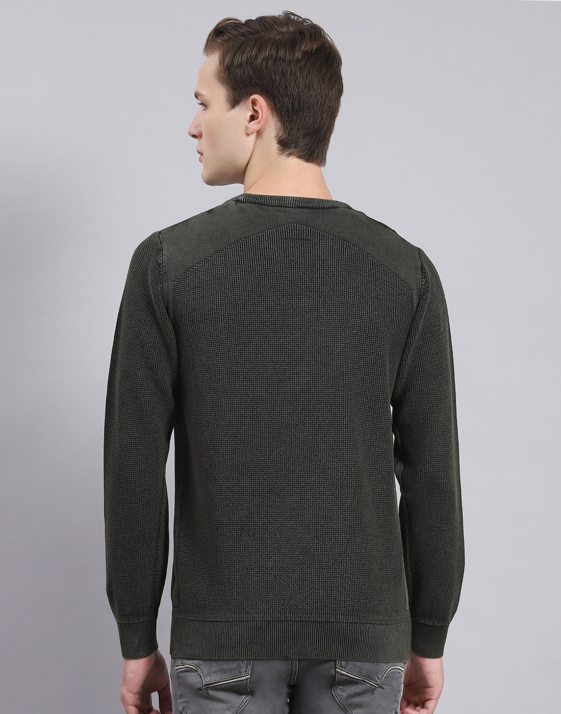 Men Green Self Design Round Neck Full Sleeve Sweater