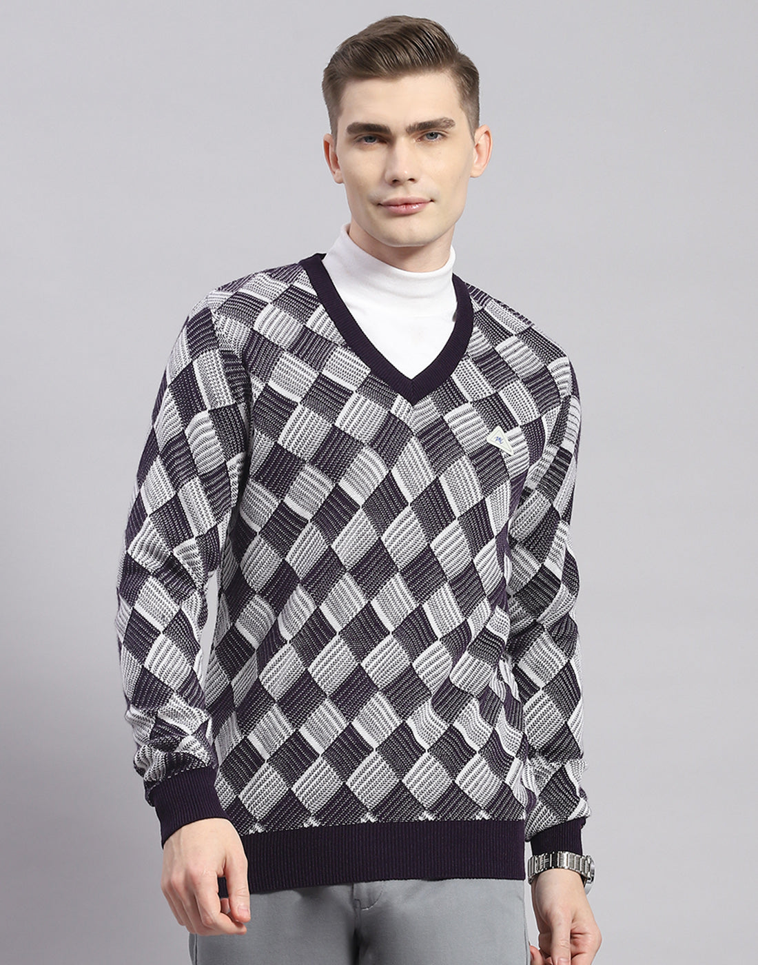 Men Navy Blue Self Design V Neck Full Sleeve Pullover