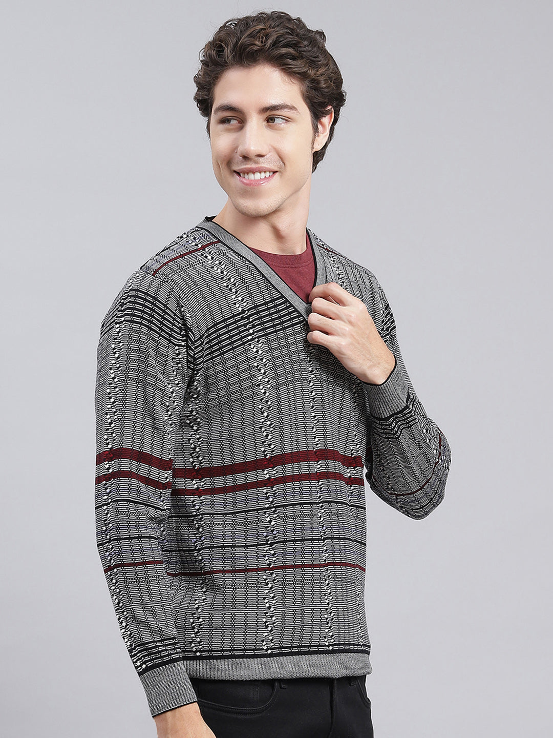 Men Black Jaquard Wool blend Pullover