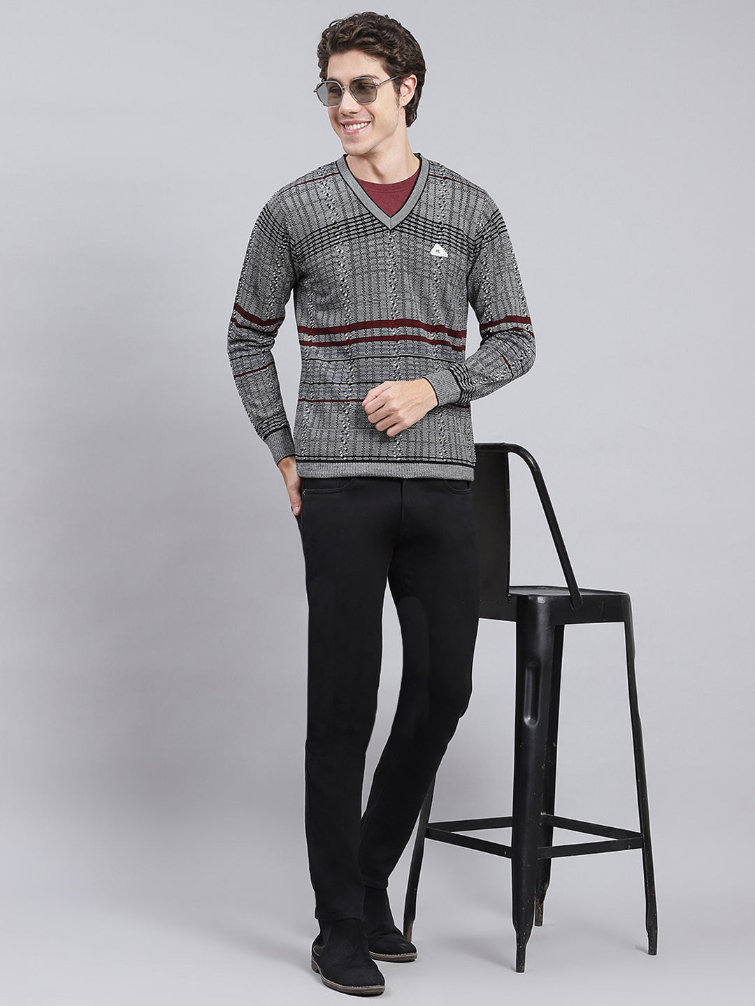 Men Black Jaquard Wool blend Pullover