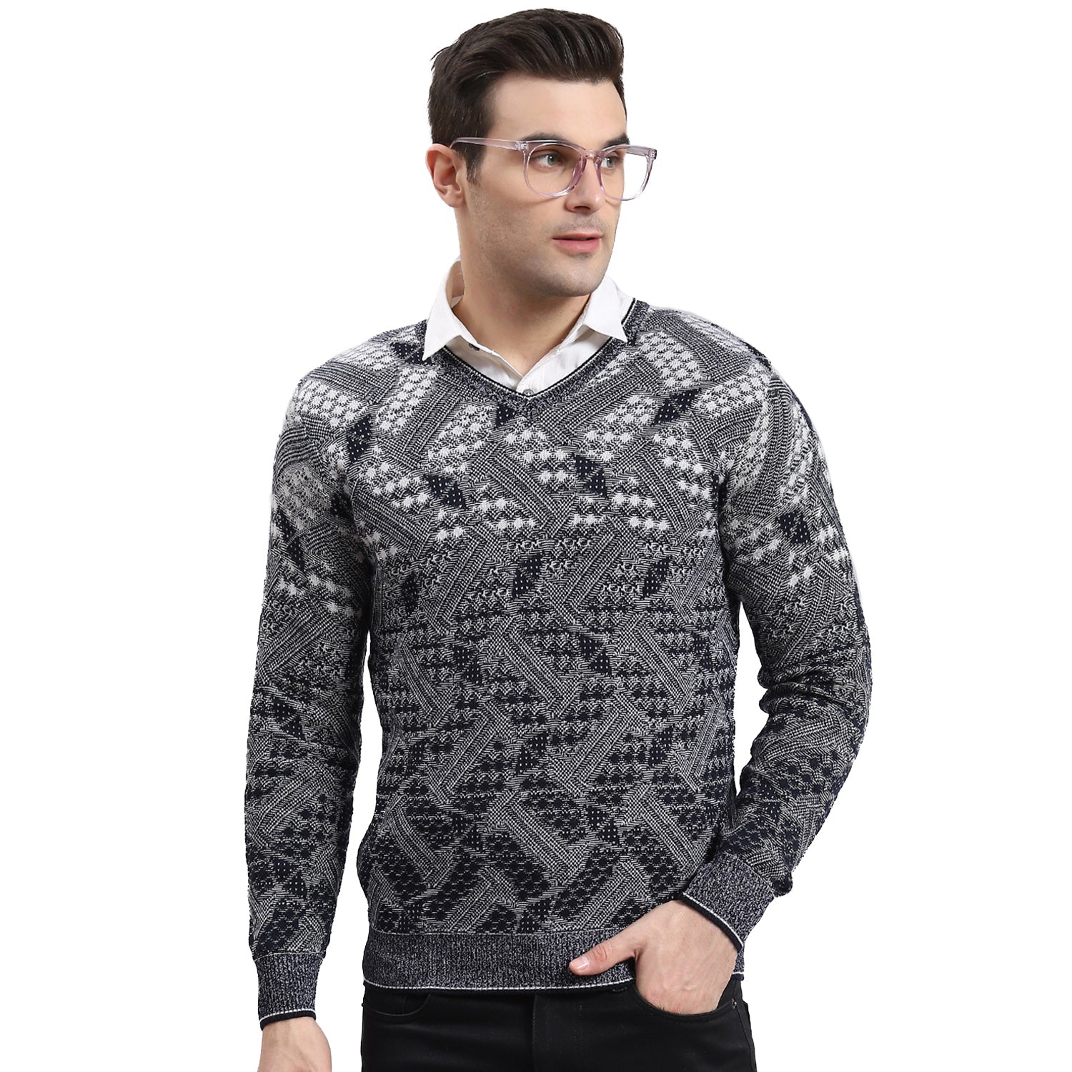 Men Grey Self Design V Neck Full Sleeve Sweater