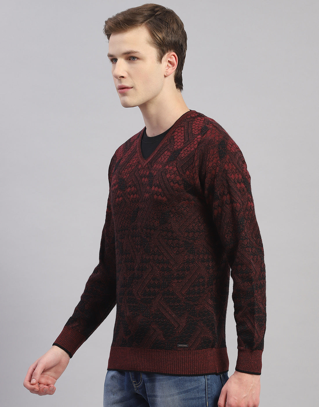Men Maroon Self Design V Neck Full Sleeve Pullover