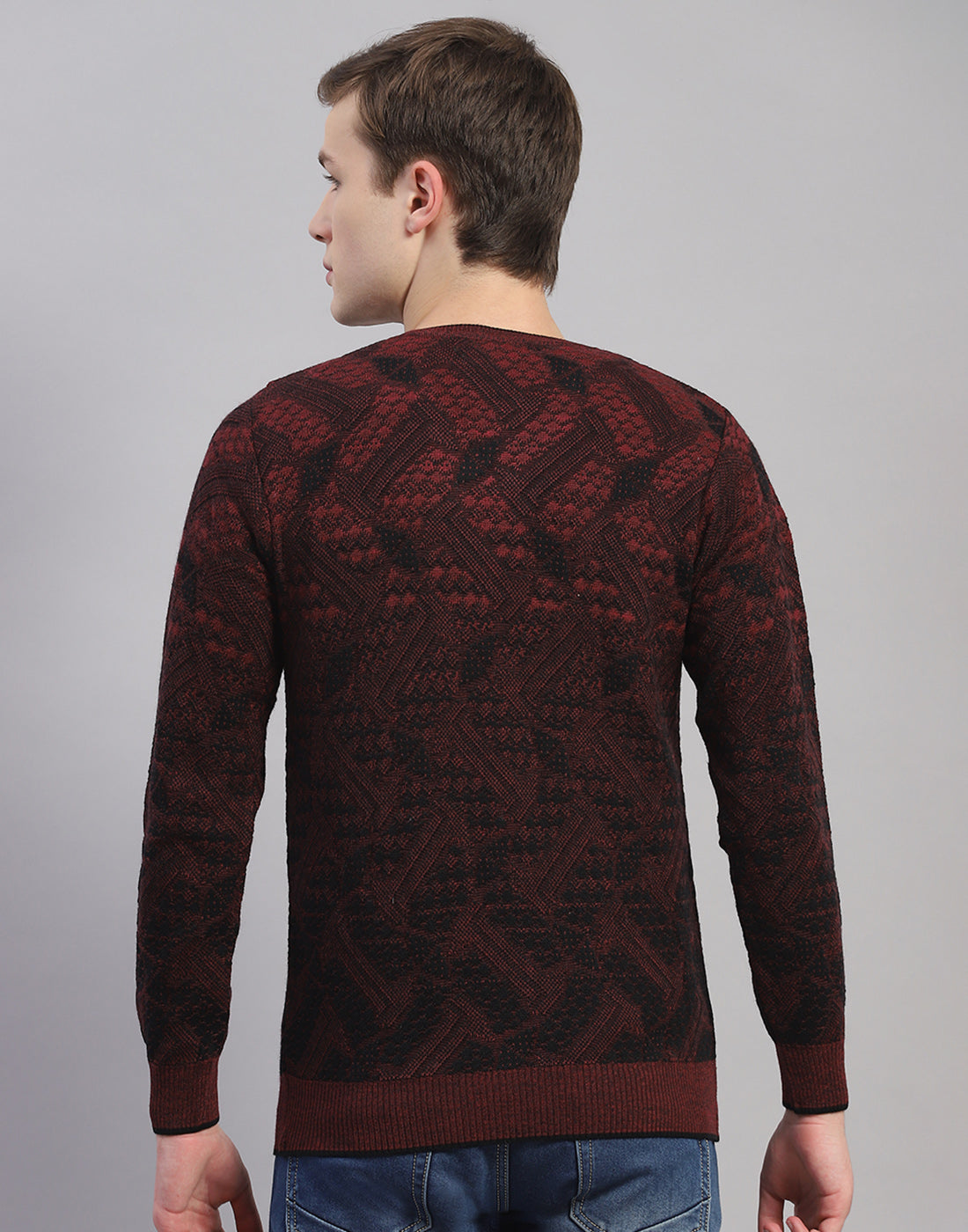 Men Maroon Self Design V Neck Full Sleeve Pullover