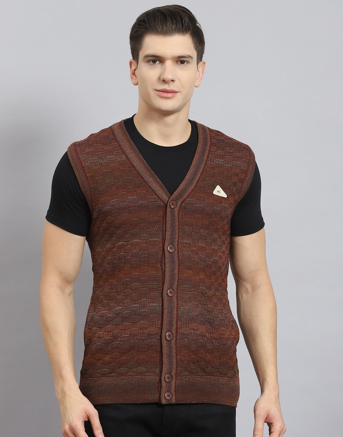 Men Rust Self Design V Neck Sleeveless Sweater