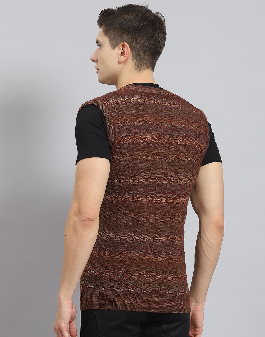 Men Rust Self Design V Neck Sleeveless Sweater