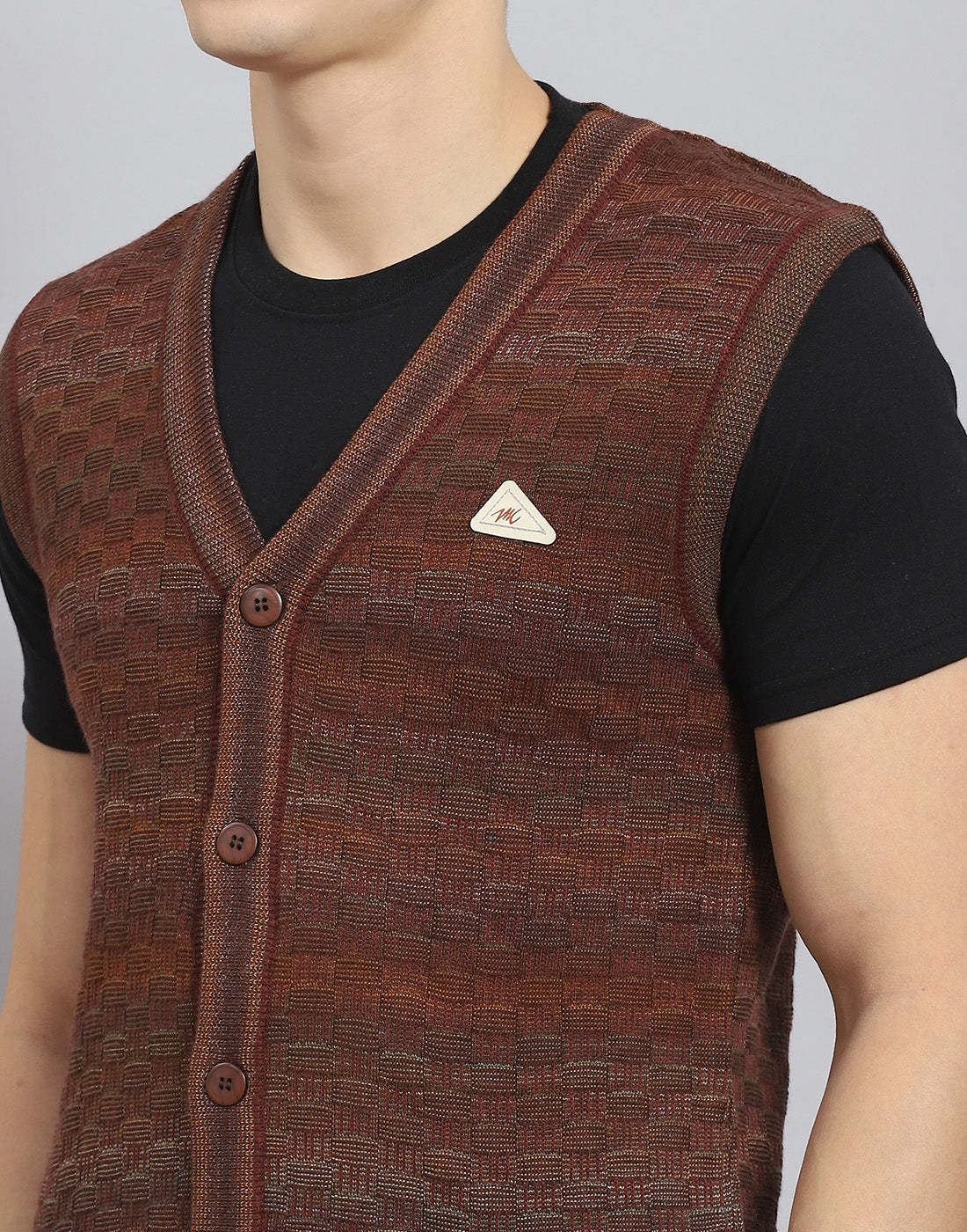 Men Rust Self Design V Neck Sleeveless Sweater