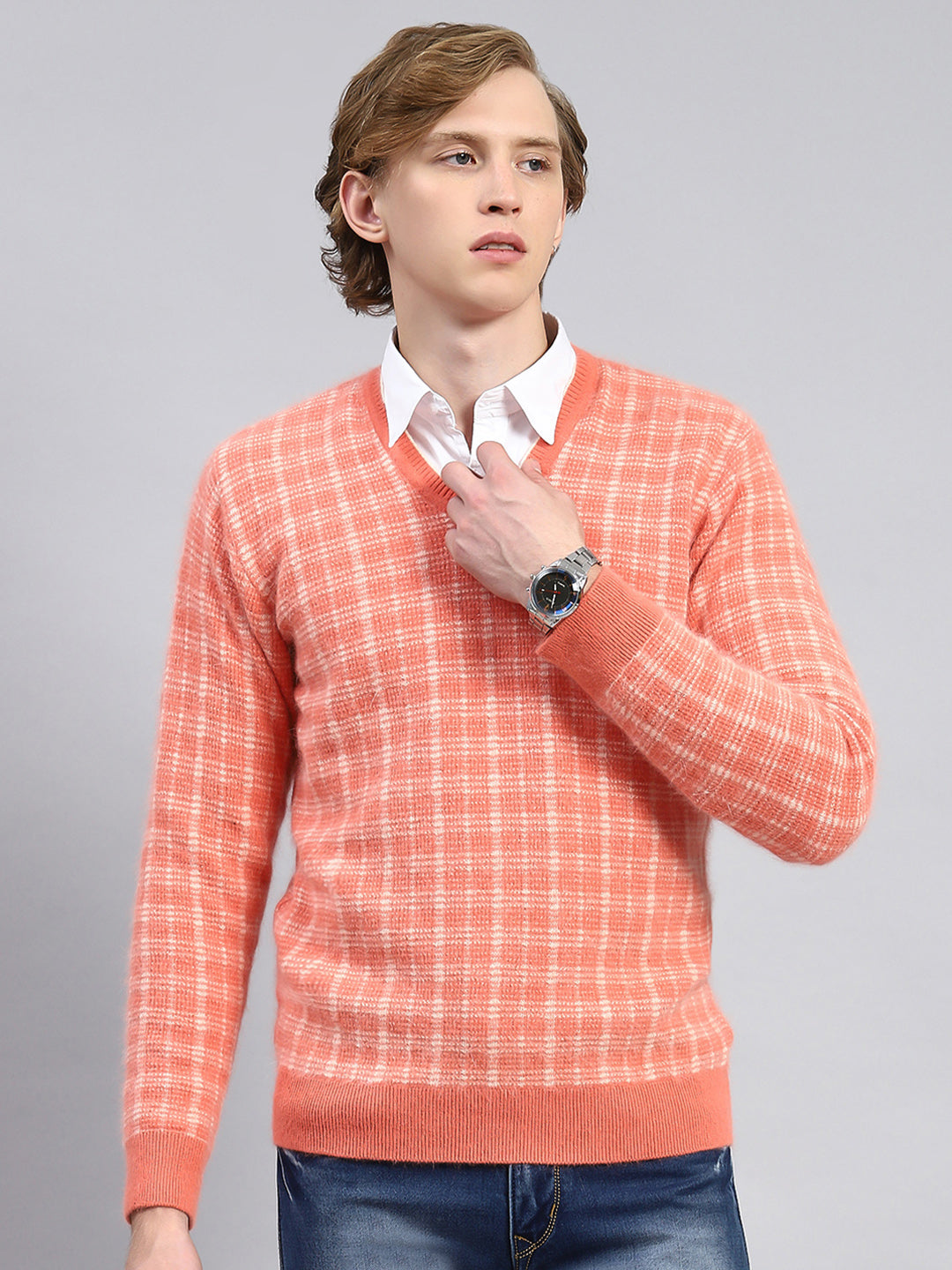 Men Orange Jaquard Pullover