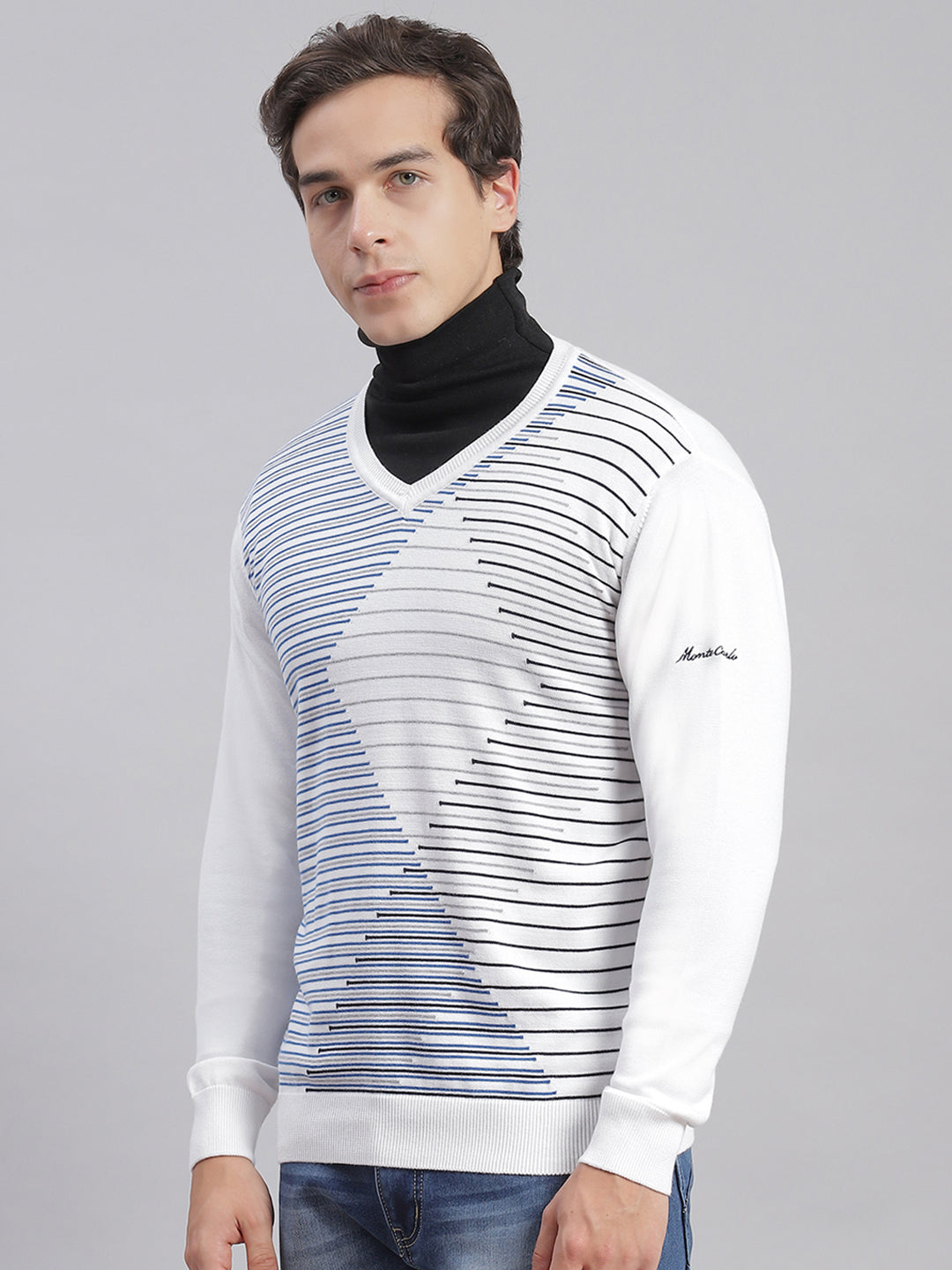 Men White Self Design V Neck Full Sleeve Sweaters/Pullovers