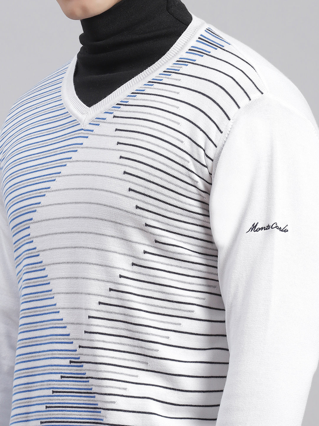 Men White Self Design V Neck Full Sleeve Sweaters/Pullovers