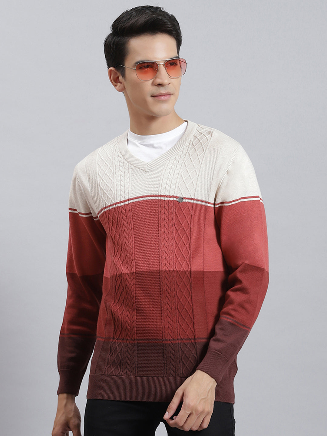 Men Rust Stripe V Neck Full Sleeve Sweaters/Pullovers