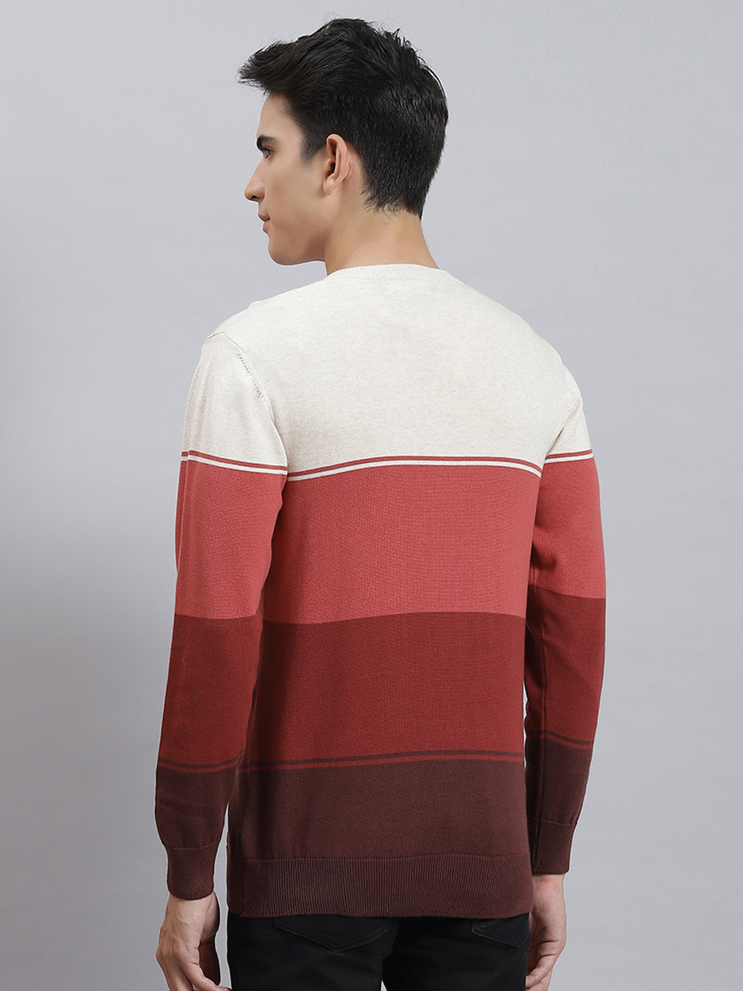 Men Rust Stripe V Neck Full Sleeve Sweaters/Pullovers