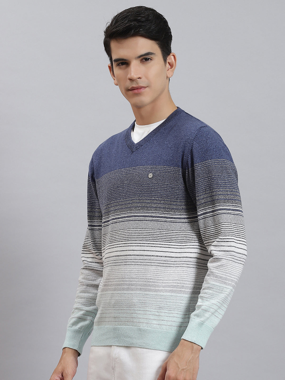Men Blue Stripe V Neck Full Sleeve Sweaters/Pullovers