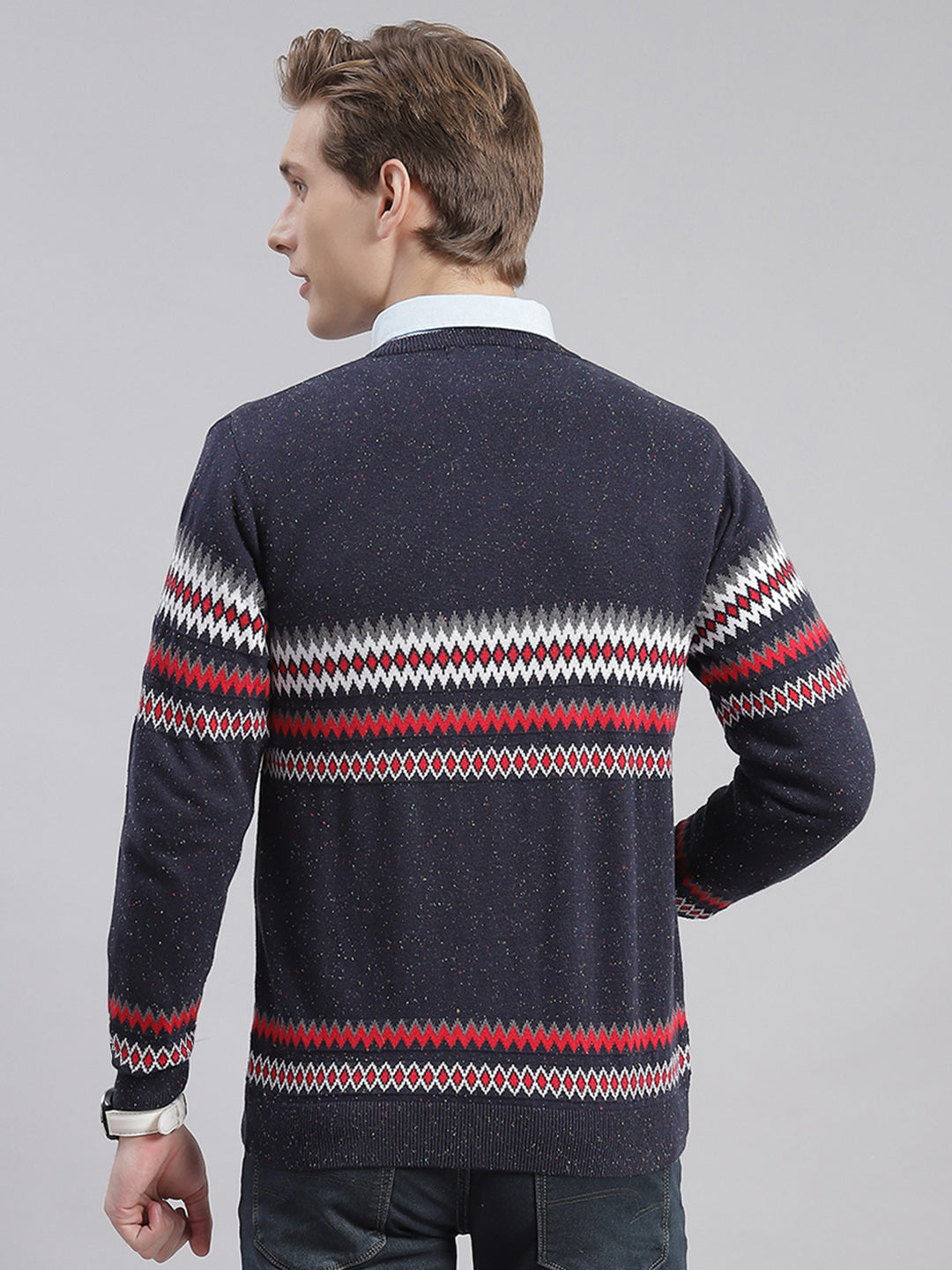 Men Navy Blue Self Design V Neck Full Sleeve Sweaters/Pullovers