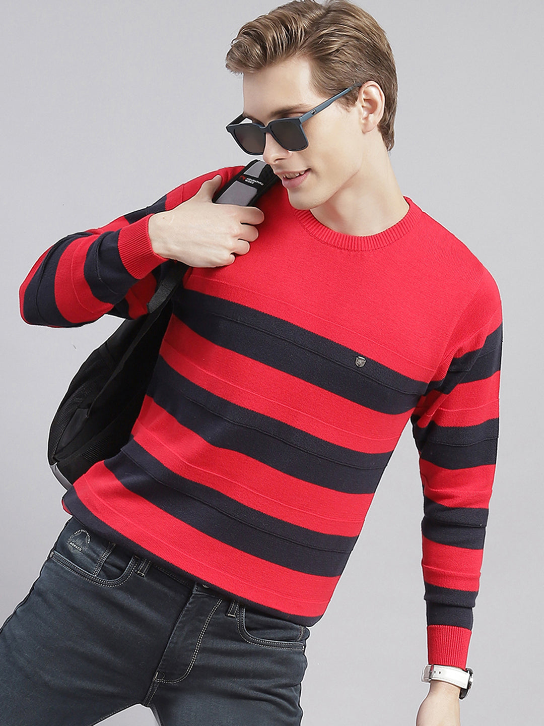 Men Red Stripe Round Neck Full Sleeve Sweaters/Pullovers