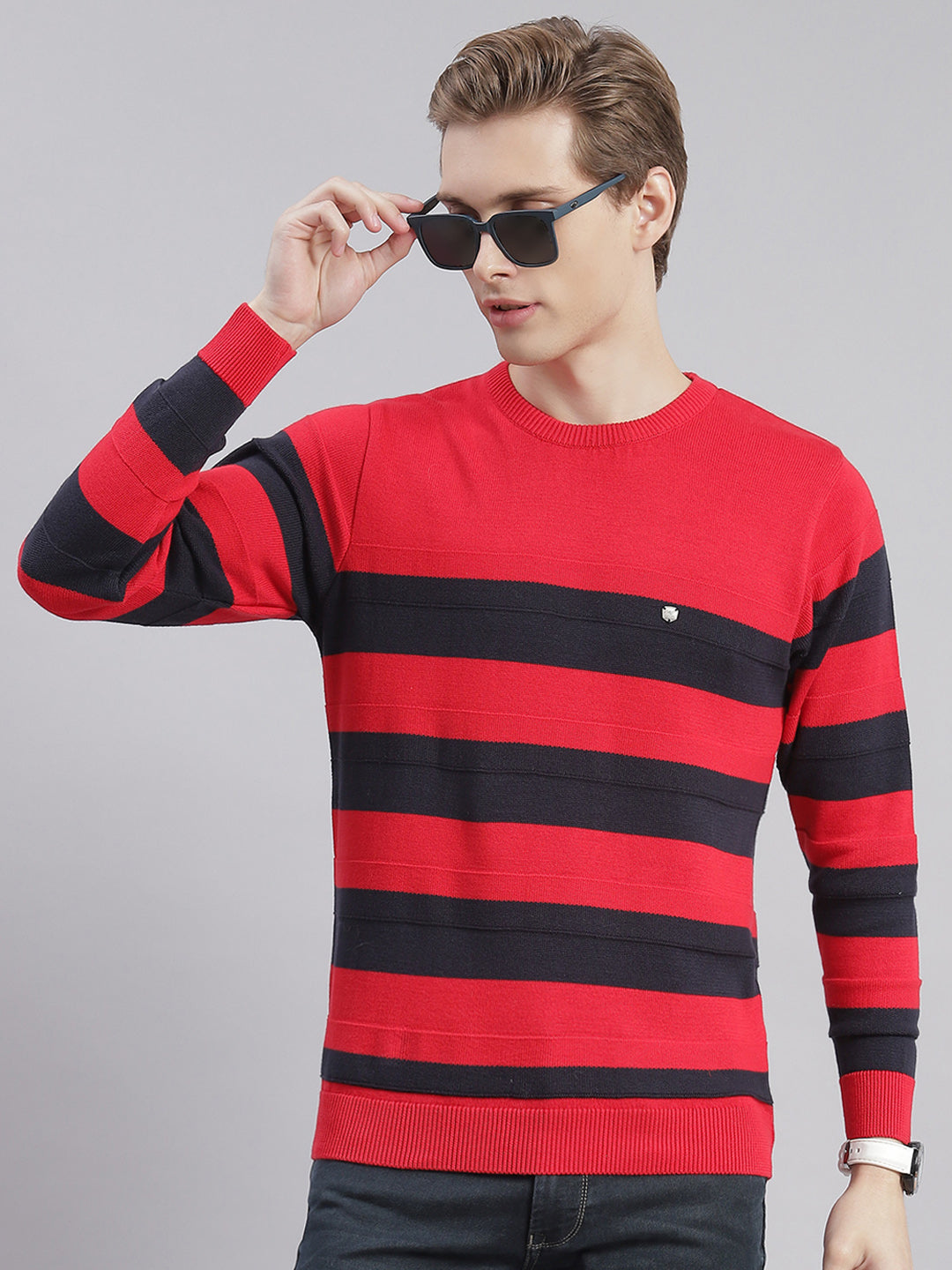 Men Red Stripe Round Neck Full Sleeve Sweaters/Pullovers