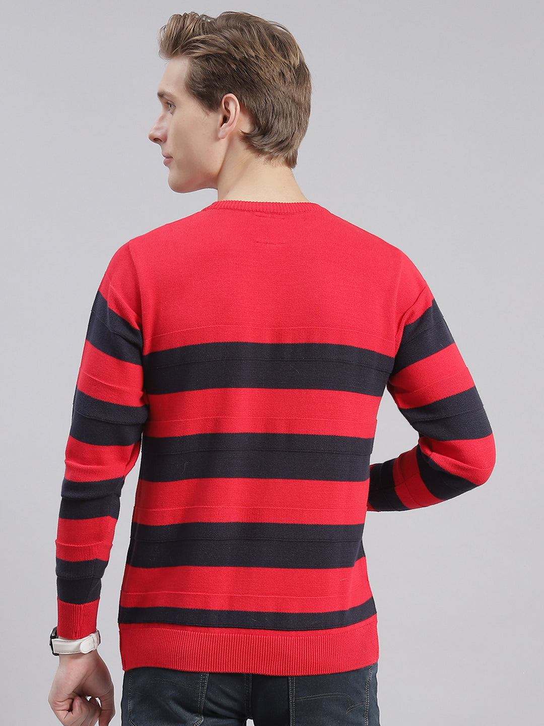 Men Red Stripe Round Neck Full Sleeve Sweaters/Pullovers