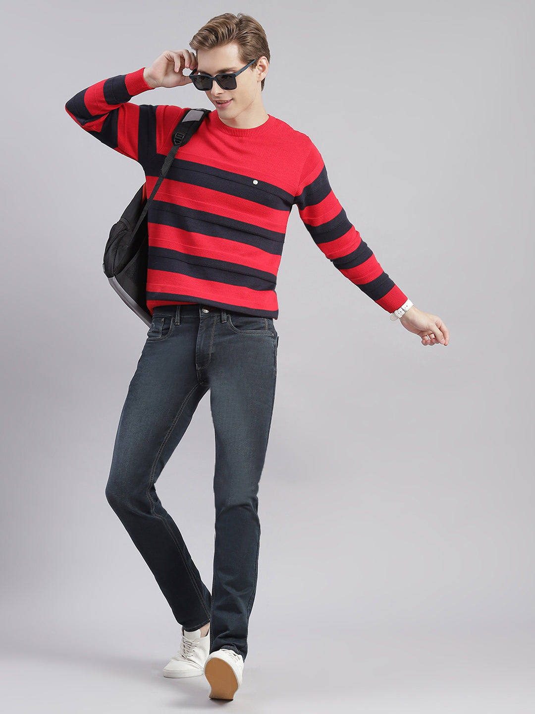 Buy Men Red Stripe Round Neck Full Sleeve Sweaters/Pullovers
